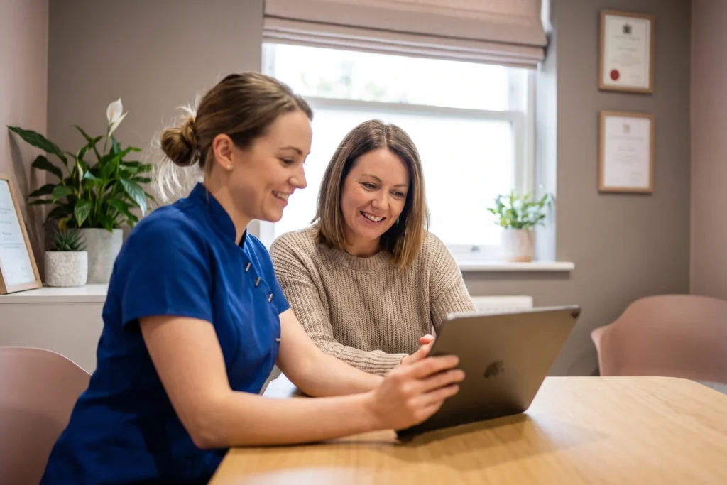 Dentist and patient reviewing a smile preview on a tablet during a cosmetic consultation at 72 Dental in Coulsdon