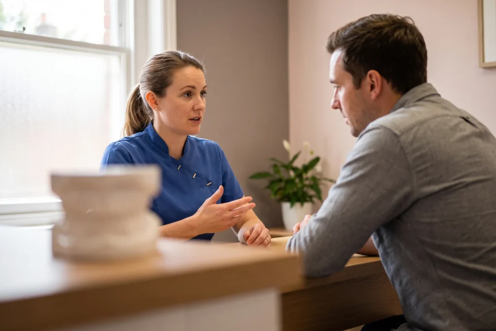 Dentist explaining implant, bridge and denture options to a patient at 72 Dental in Coulsdon