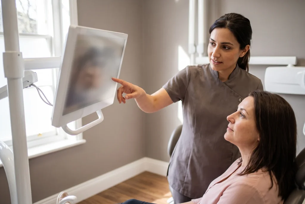 Dentist showing a patient their treatment plan on a chairside screen during an Invisalign consultation in Coulsdon