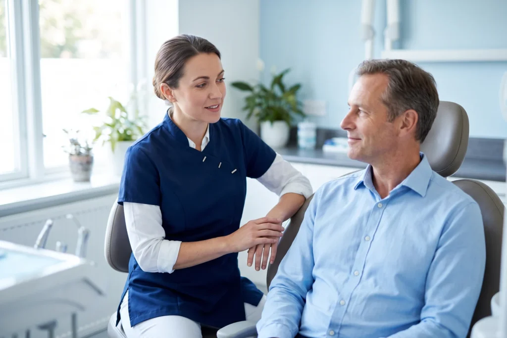 Dentist reassuring a patient in the chair before a check-up at 72 Dental in Coulsdon