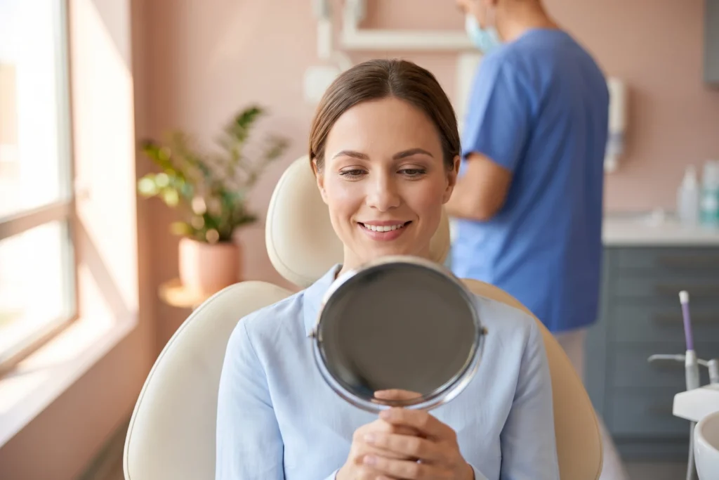 Patient checking her smile in a hand mirror after cosmetic treatment at 72 Dental in Coulsdon
